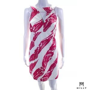 MILLY Strawberry Pink/White Textured Triangle Cut-Out Horizontal Stripe Dress